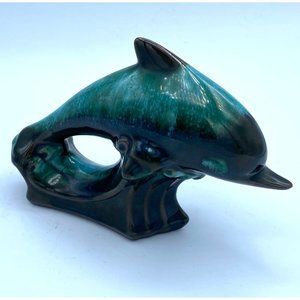 Vintage Blue Mountain Pottery Jumping Dolphin Blue Green Drip Ware 1970's